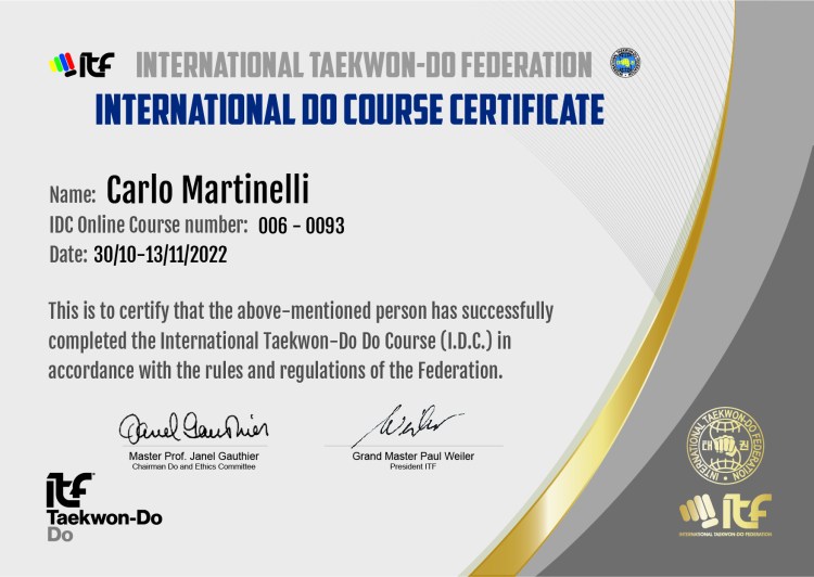 International Do Course Certificate 2023 - Arch Combat Academy Wembley Park Taekwon-Do Martial Arts Carlo Martinelli